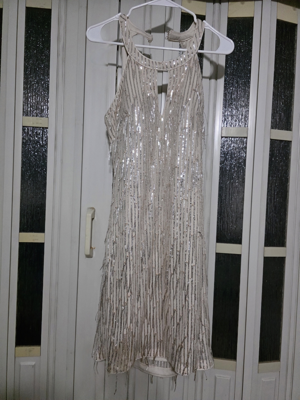 Siena Studio Cream Sequin Halter Fringe Dress